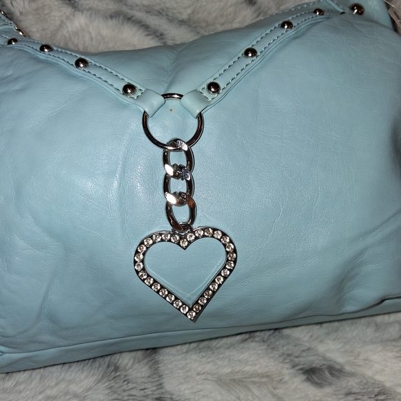 Modern Blue Leather Shoulder Bag With Heart Accents - Picture 3 of 12
